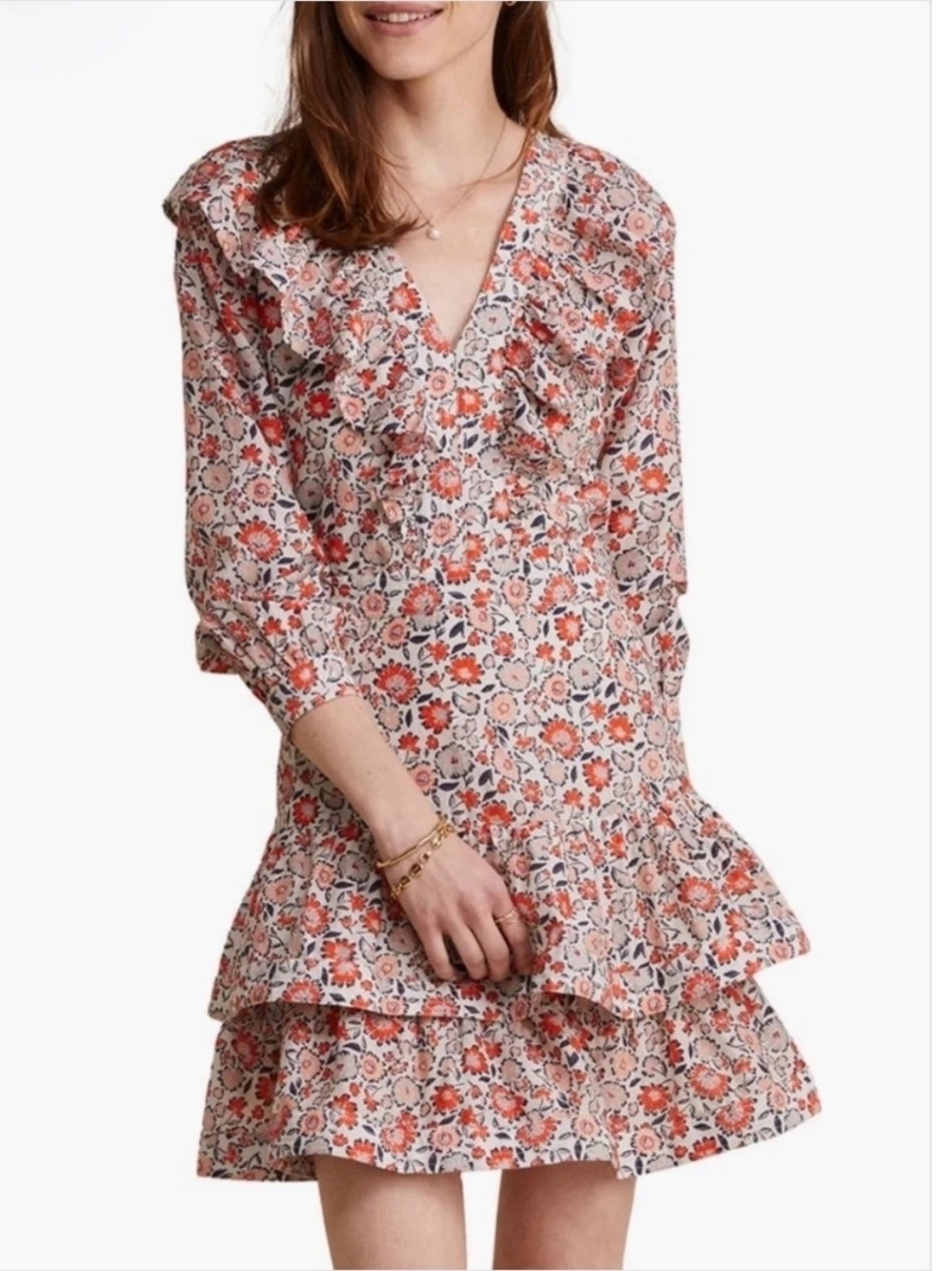 Vineyard Vines Floral Ruffle V-Neck Long Sleeve A-Line Short Dress 00